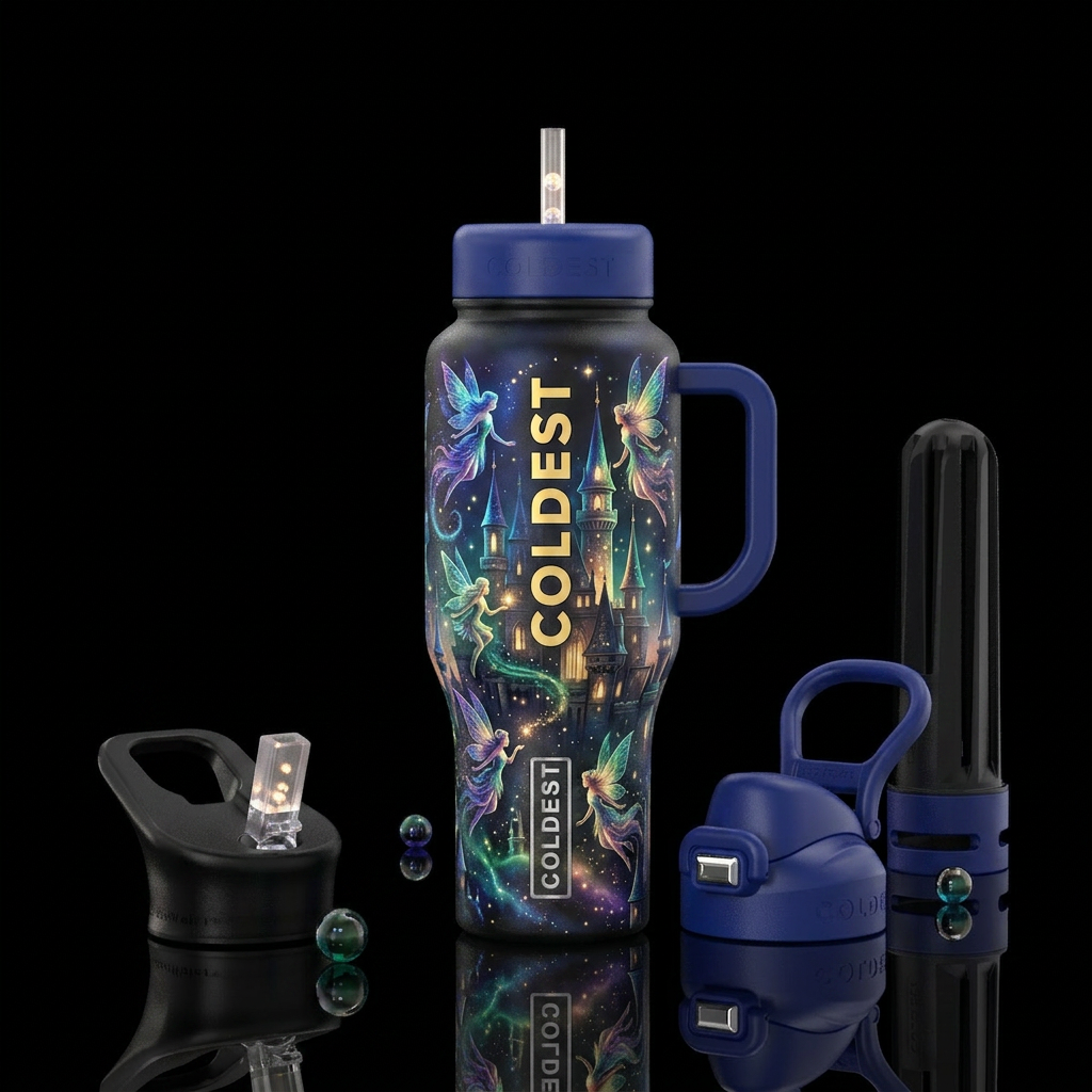 Fairy flying over castle glowie water bottle design