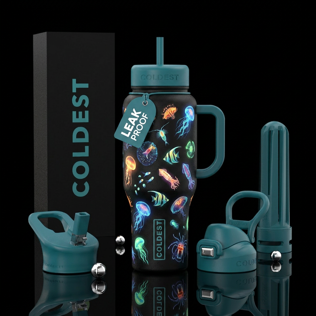 Sea creatures glowie water bottle design