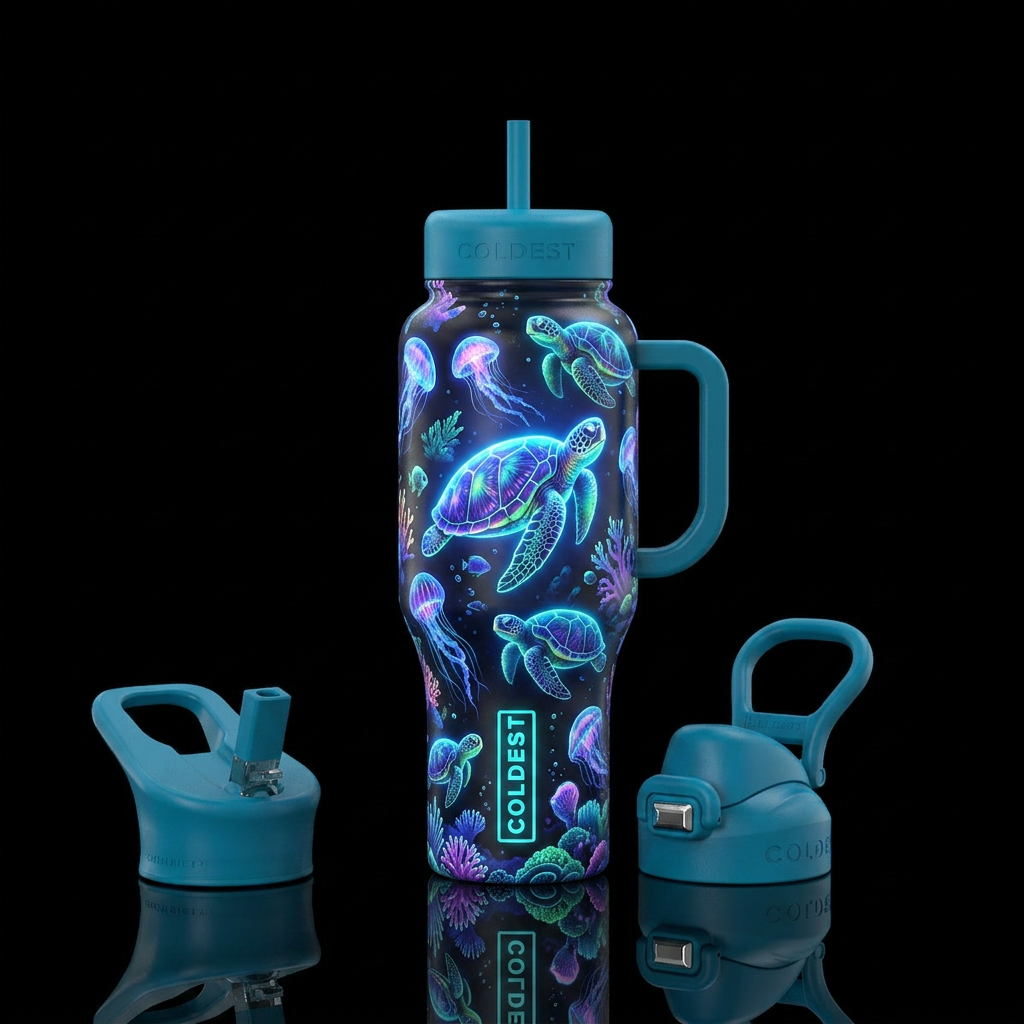 Colorful seaturtles glowie  glowie water bottle design