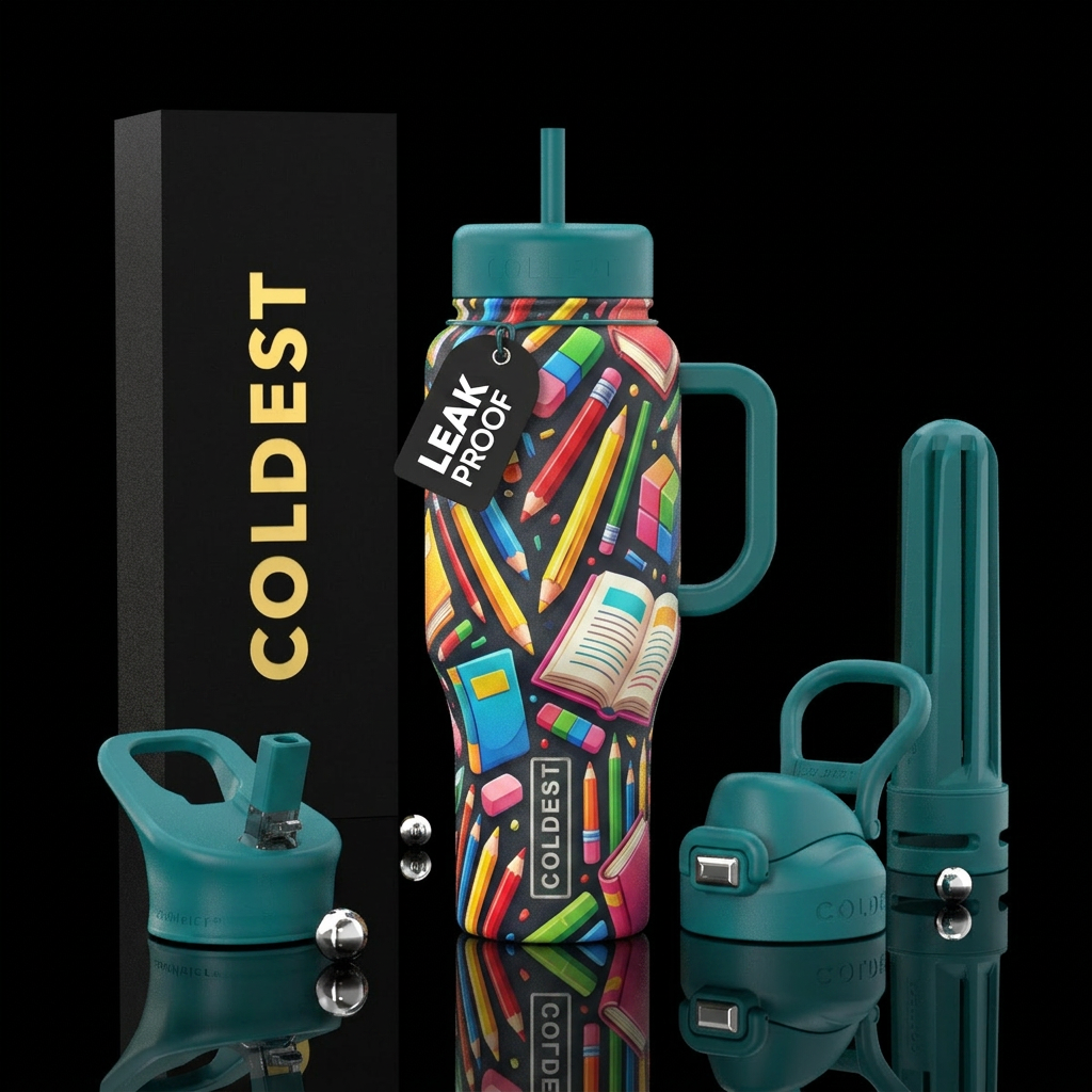 Colorful pencils erasers books water bottle design