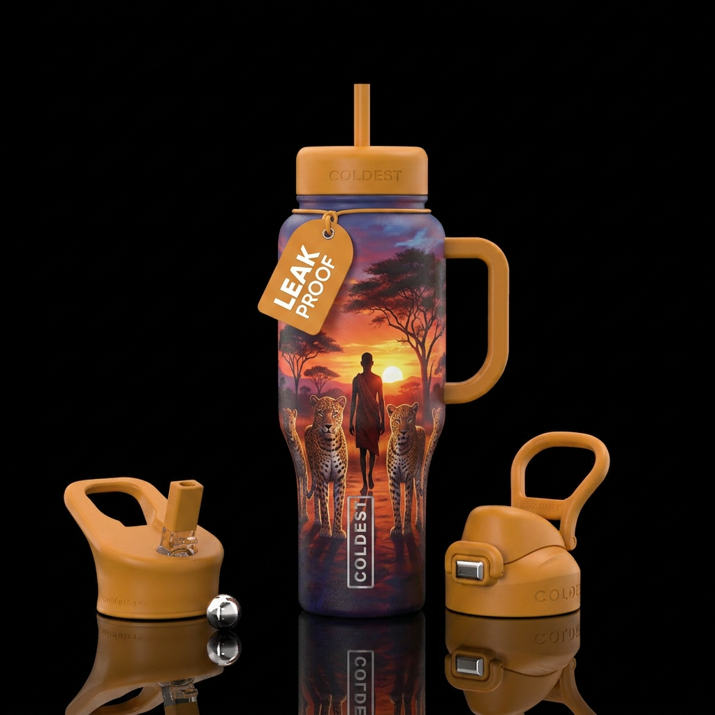 Sunset standing surrounded pards and pal. Trees water bottle design