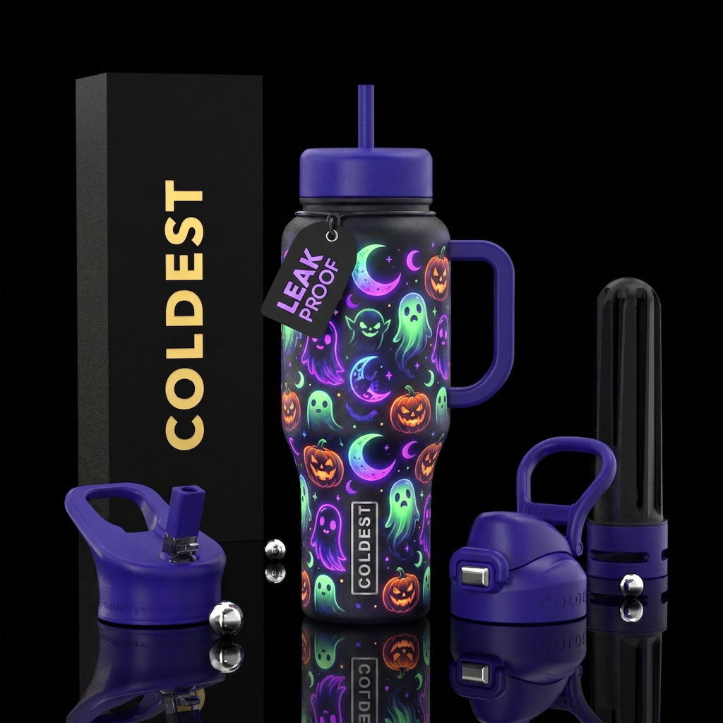 Ghost go lins moons and pumpkins glowie water bottle design