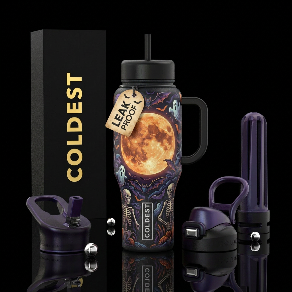 Harvest Moon bats ghosts and. Skeletons water bottle design