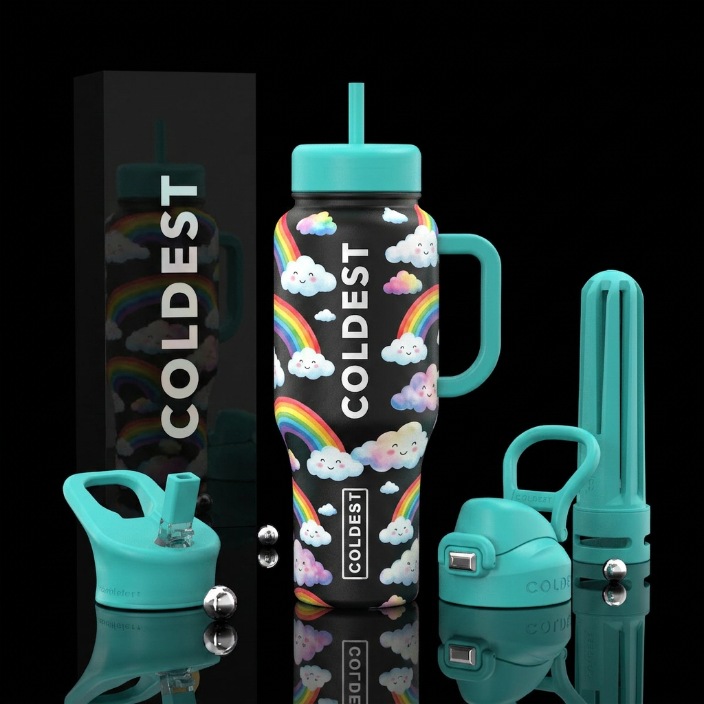 Happy colorful clouds and  Rainbows water bottle design
