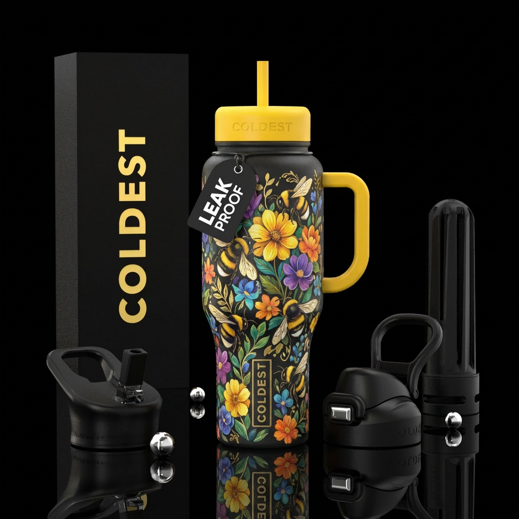 Floral bumblebee water bottle design