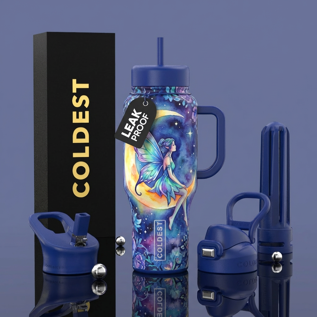 Fairy sitting on crescent moon water bottle design