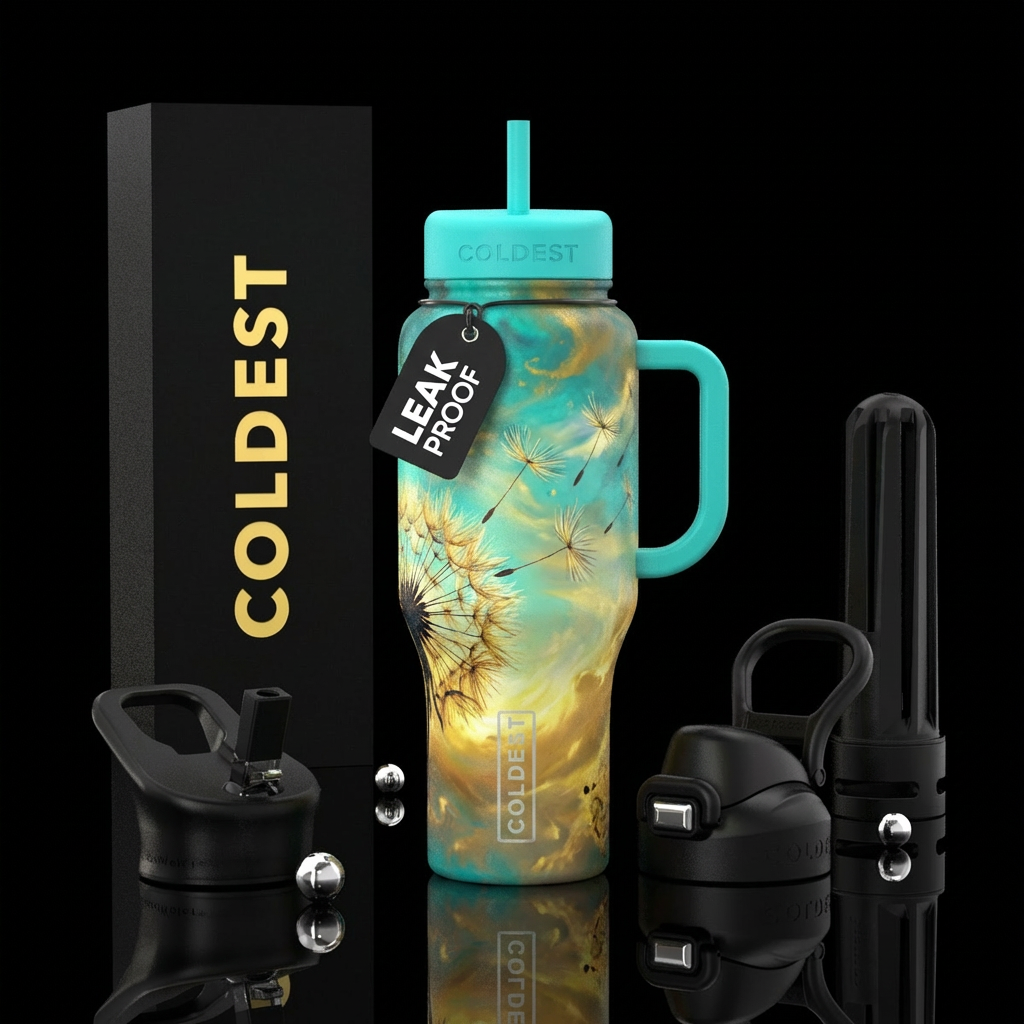 Dandelion flower seeds blowing in wind water bottle design