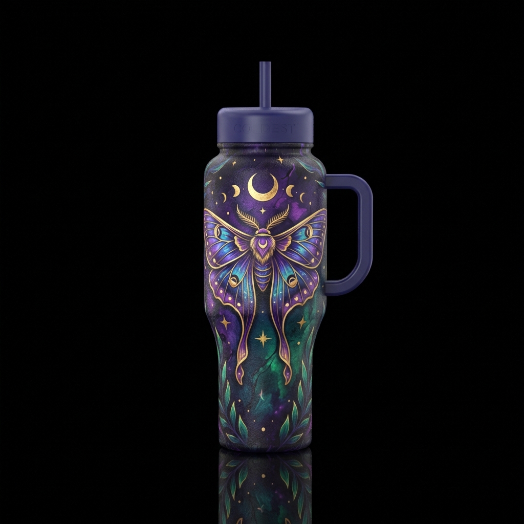 Mythical moth stars moon witchy vibe water bottle design