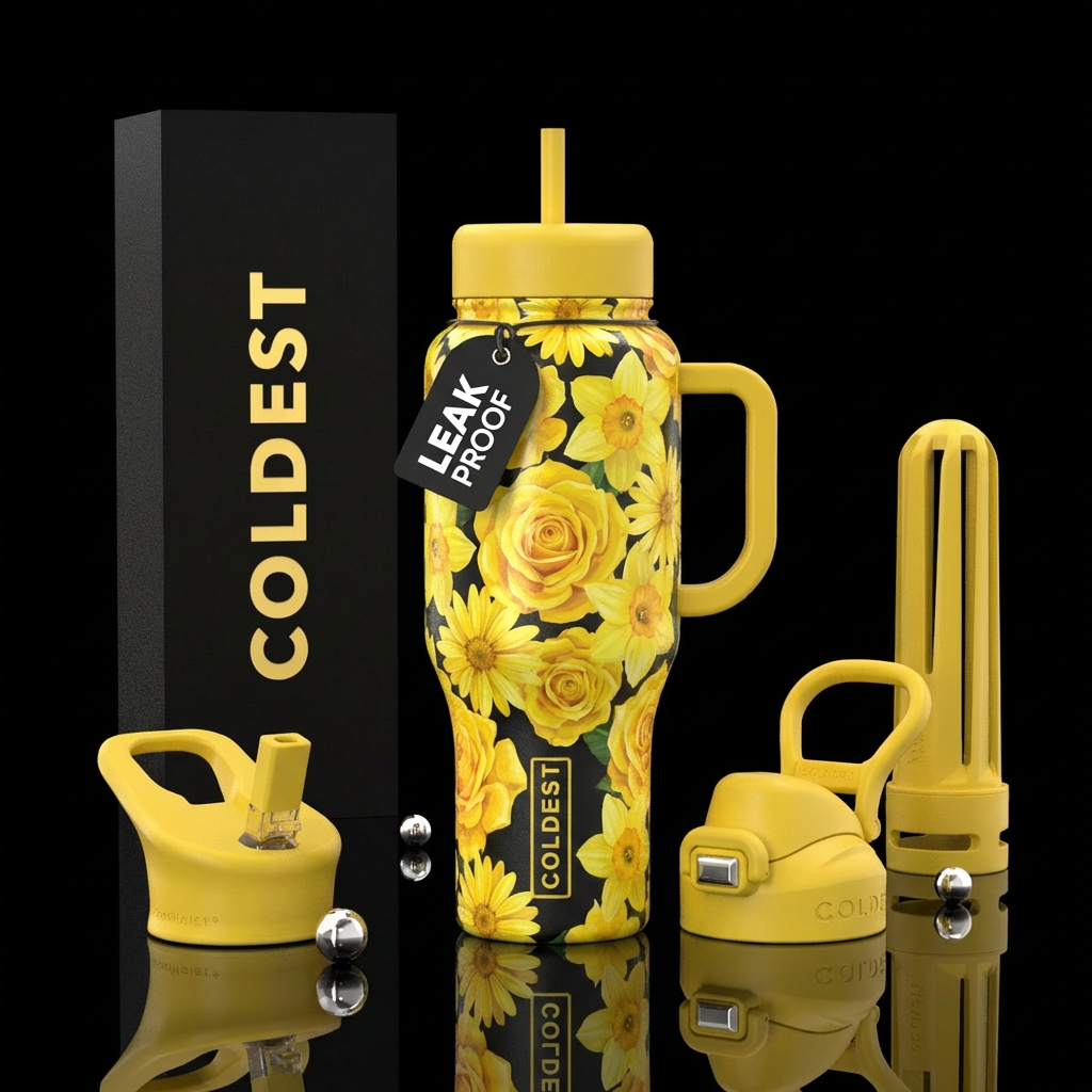 Yellow floral rose daisy daffodil all yellow flowe... water bottle design