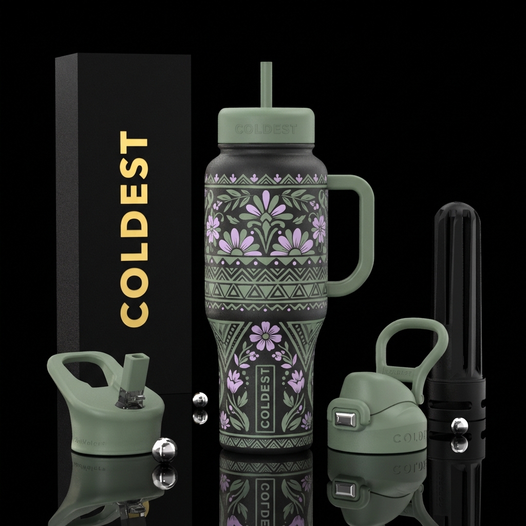 Sage green boho vibes lilac accents water bottle design