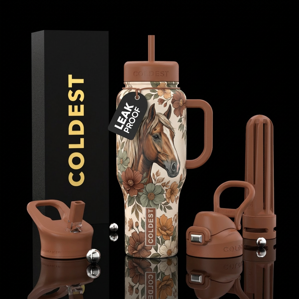 Horse head earth tone flowers water bottle design