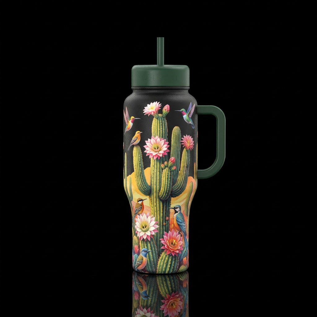 Saguaro cactus in bloom with bird water bottle design