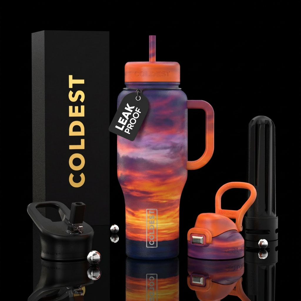 Sky at sunset with orange purple water bottle design