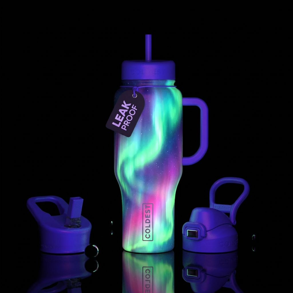 Aurora borealis colors glow in the dark water bottle design
