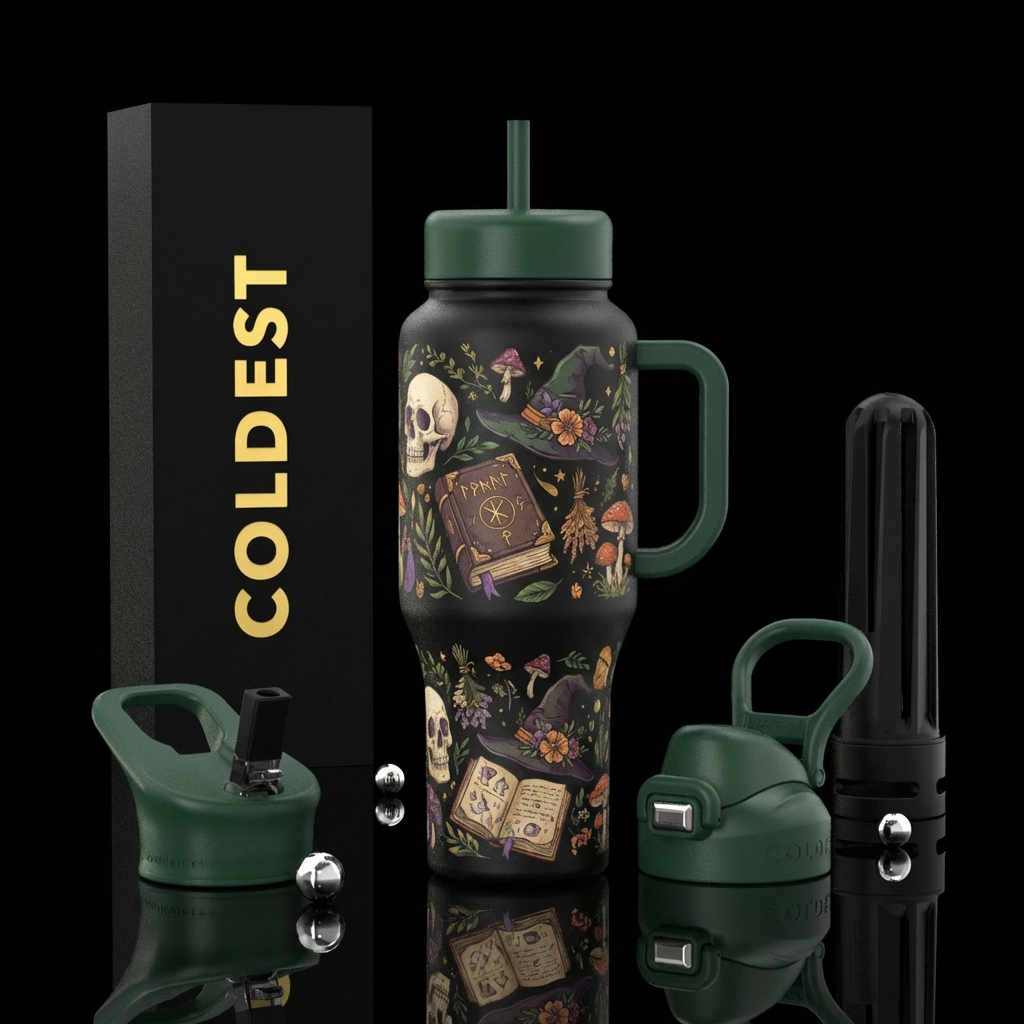 skulls spell books witch hat cottage core vibes water bottle design