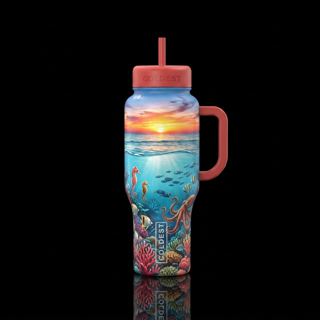 simple beach Above water sunset below water sea li... water bottle design