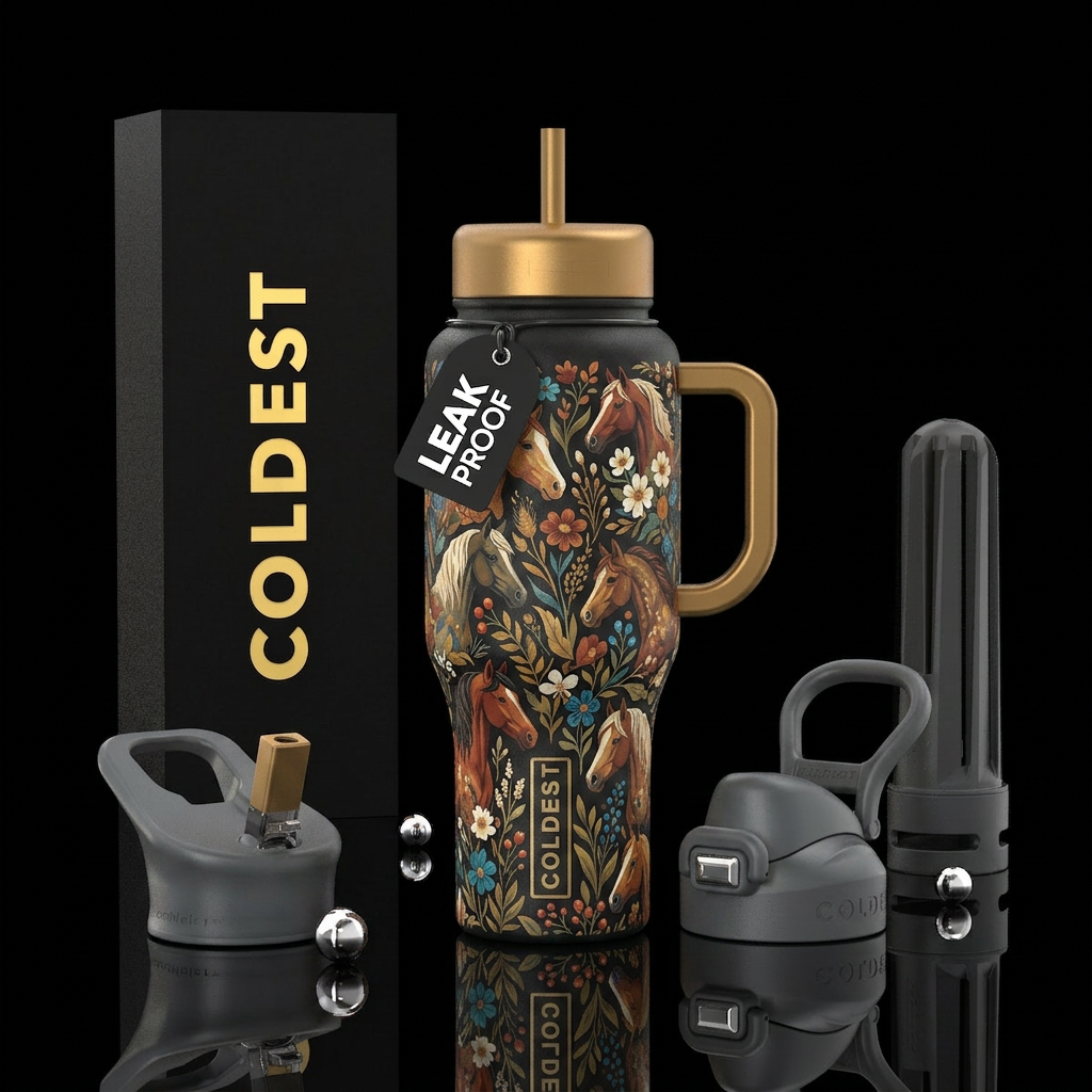 Horse head earth tone florals water bottle design