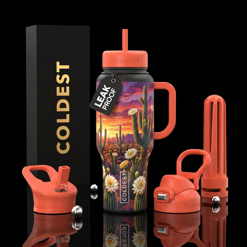 Saguaro cactus bloom sunset water bottle design