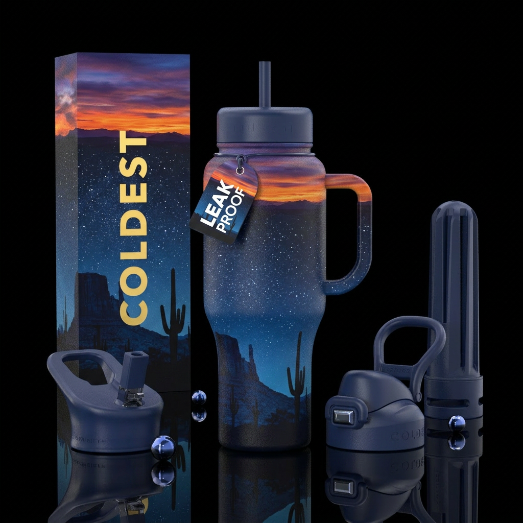 Desert landscape from sunset to open stars in sky water bottle design