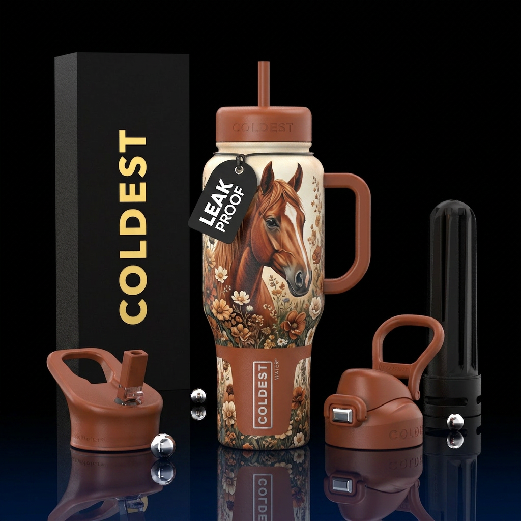 Chestnut horse head with earth tone wildflowers water bottle design
