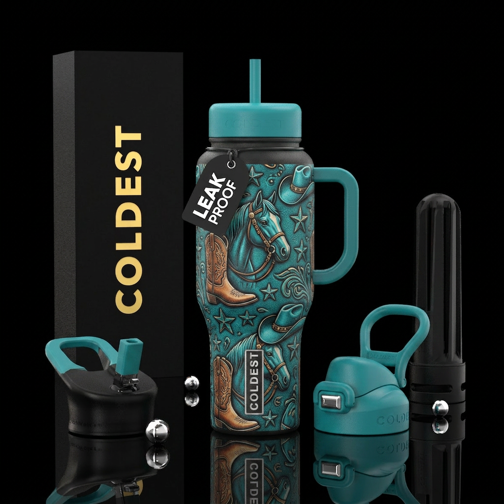 Horse boots hat star turquoise color water bottle design