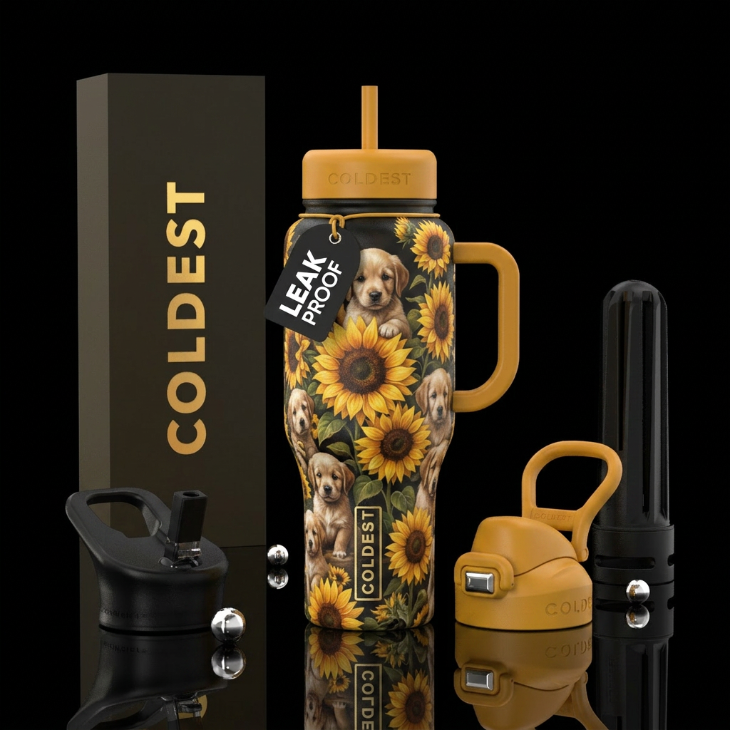 Puppy sunflowers water bottle design
