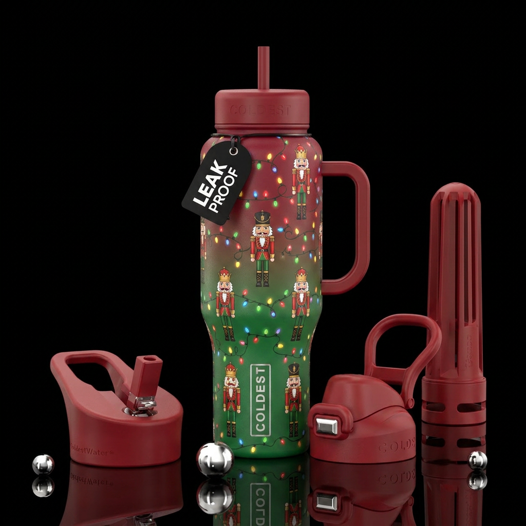 Ombré of green and red Christmas nutcracker with C... water bottle design