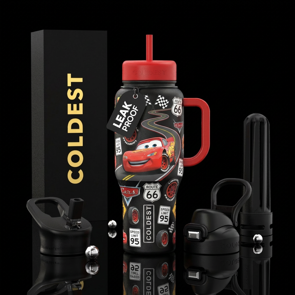 Lightning McQueen, race track, tires, checkered fl... water bottle design