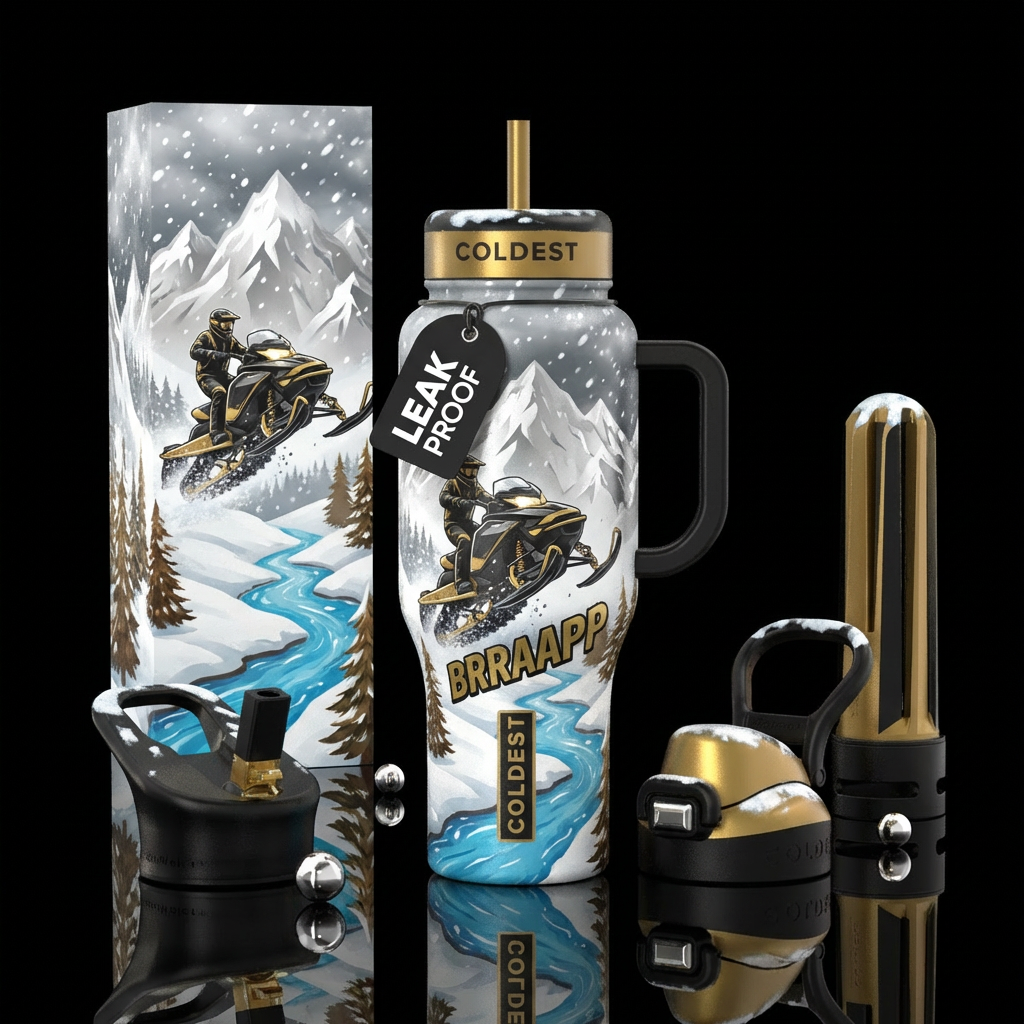 Snowmobile, brraapp, white and gray snowing, white... water bottle design