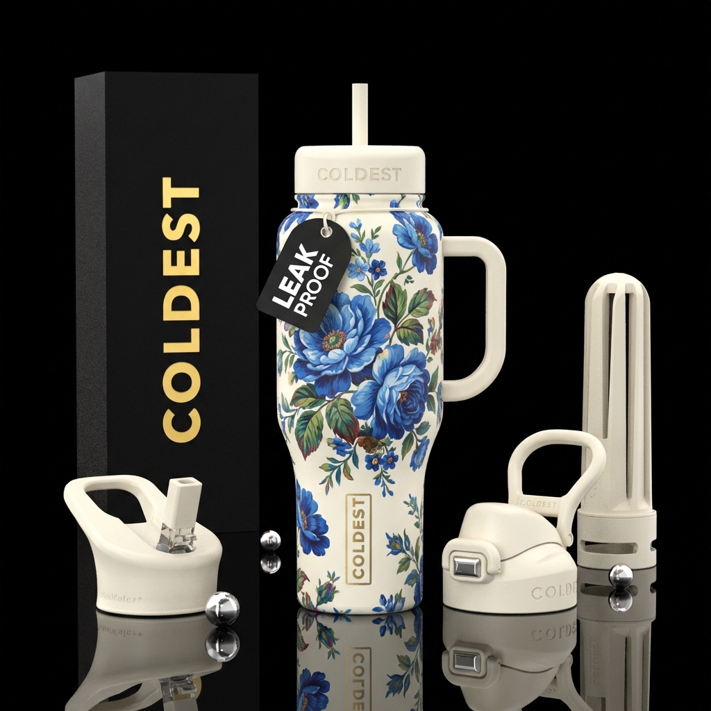 French Victorian floral print, creamy white backgr... water bottle design