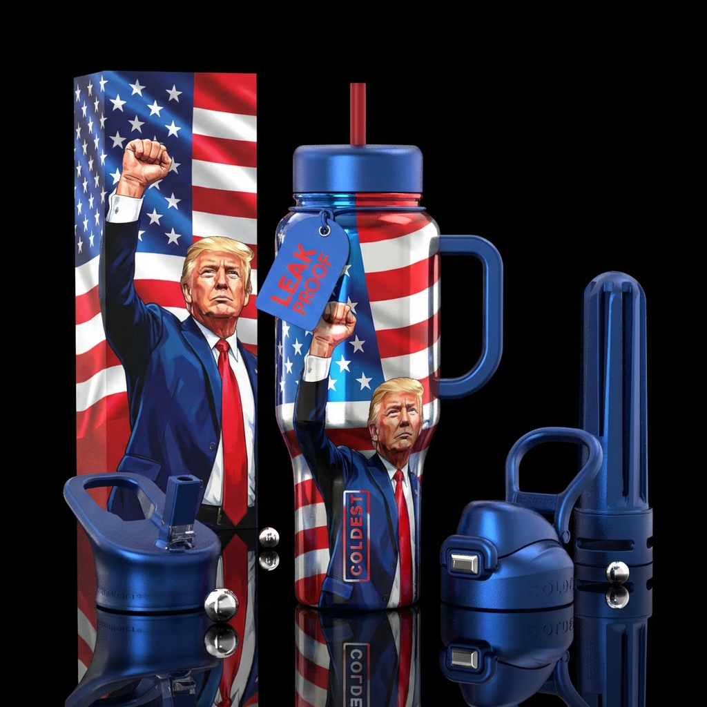 President Trump with fist in the air, American fla... water bottle design