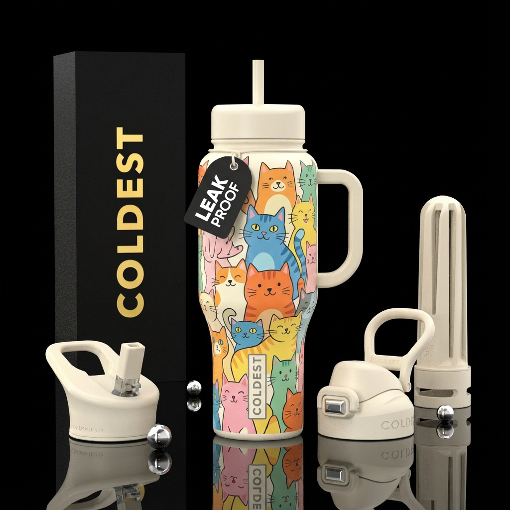 Cartoon cat collage with ivory background and hand... water bottle design