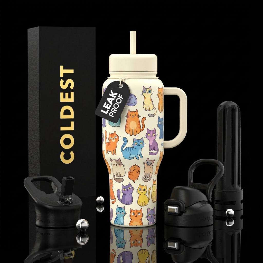 Cartoon cat collage with ivory background and hand... water bottle design