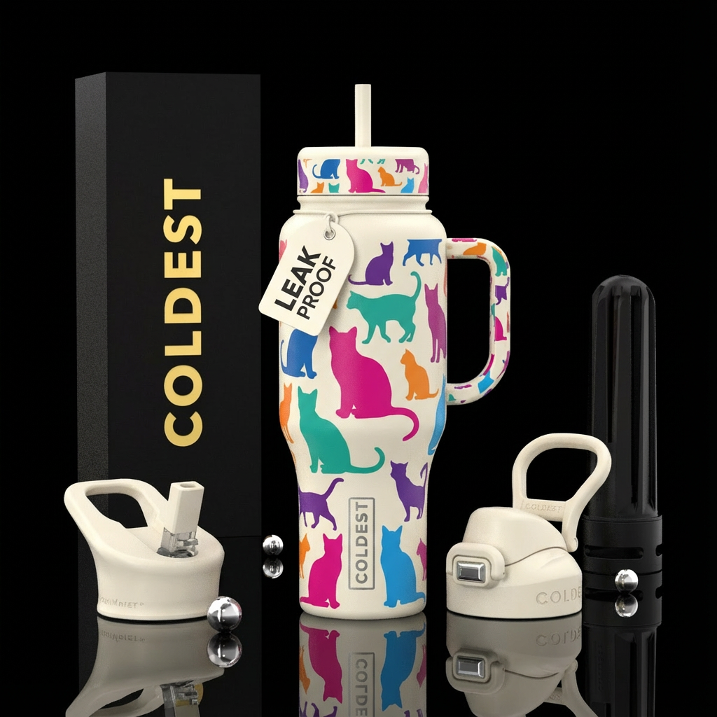 cat silhouette collage with ivory background and h... water bottle design