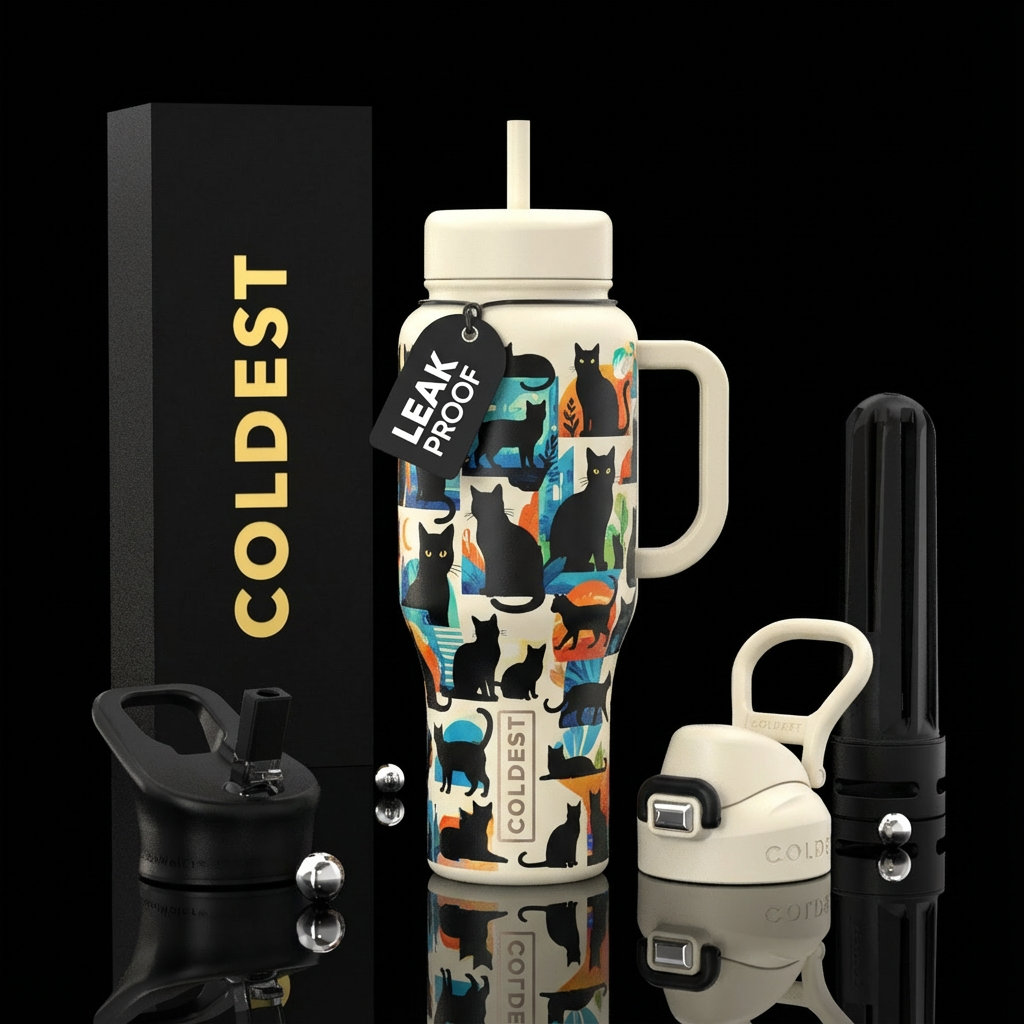 Black cat silhouette collage with ivory background... water bottle design