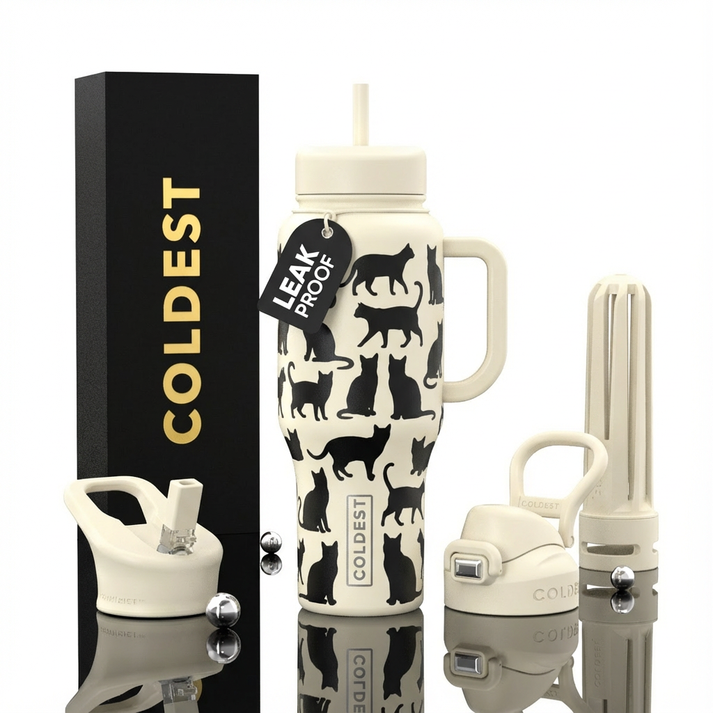 Black cat silhouette collage with ivory background... water bottle design