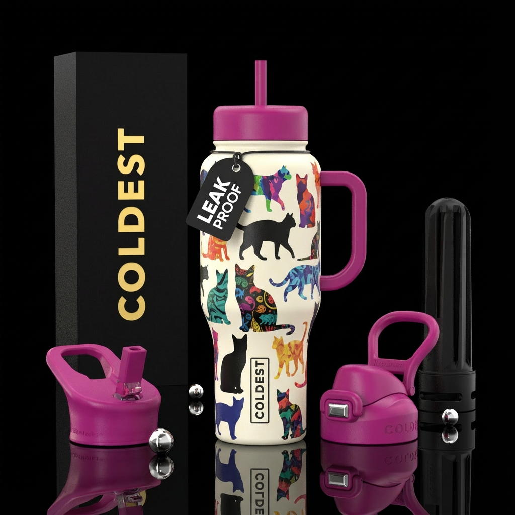 Black cat silhouette collage with ivory background... water bottle design