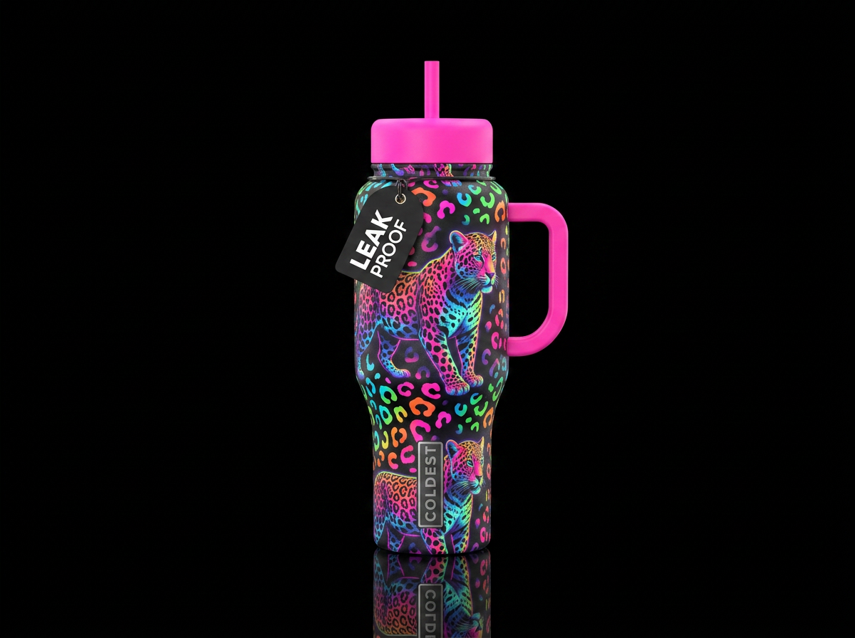 Neon Leopard print with cats water bottle design
