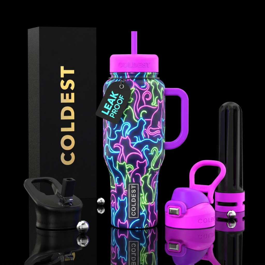 Neon cat silhouettes with neon lid and handle water bottle design