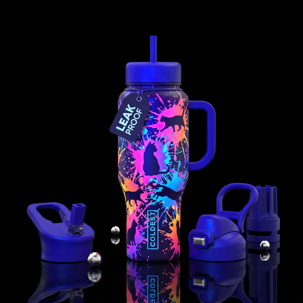 Neon paint splash with cat silhouettes water bottle design