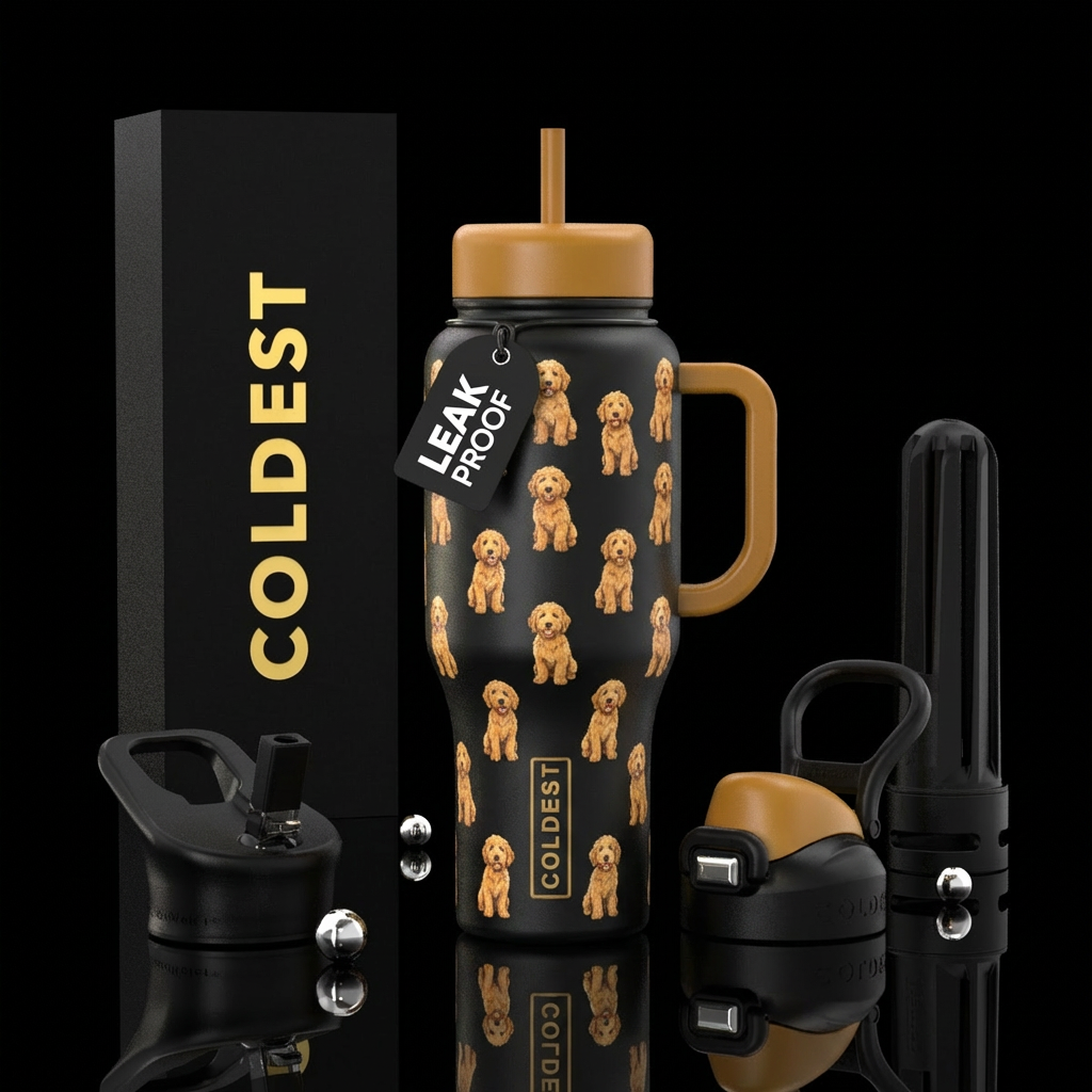 design me a cup with a lot of mini  golden doodles... water bottle design