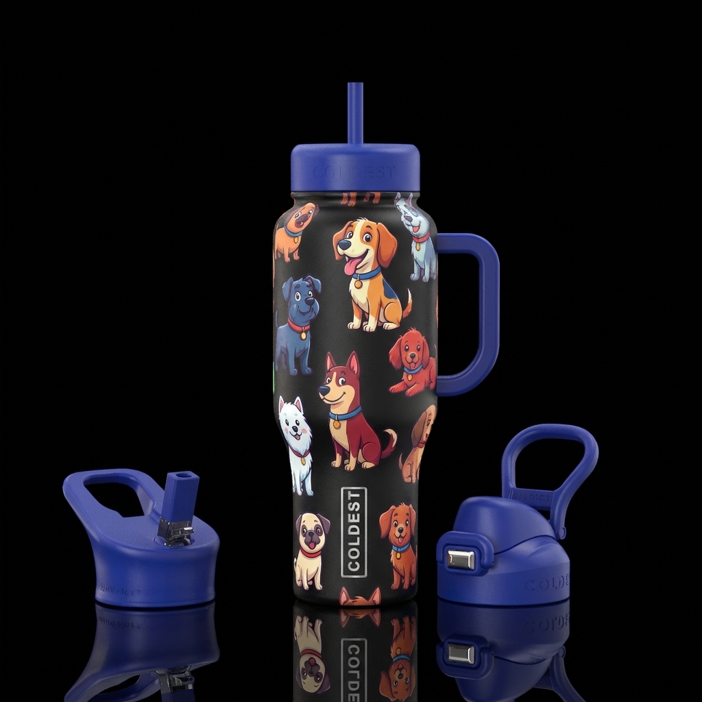luxurious, dog, cartoon water bottle design