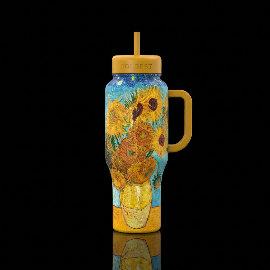 make a vincent van gough style summer painting water bottle design