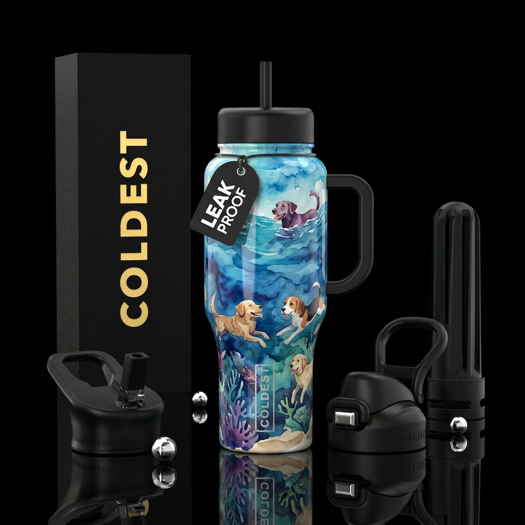 , ocean, painting, shiny,, watercolor, dog water bottle design