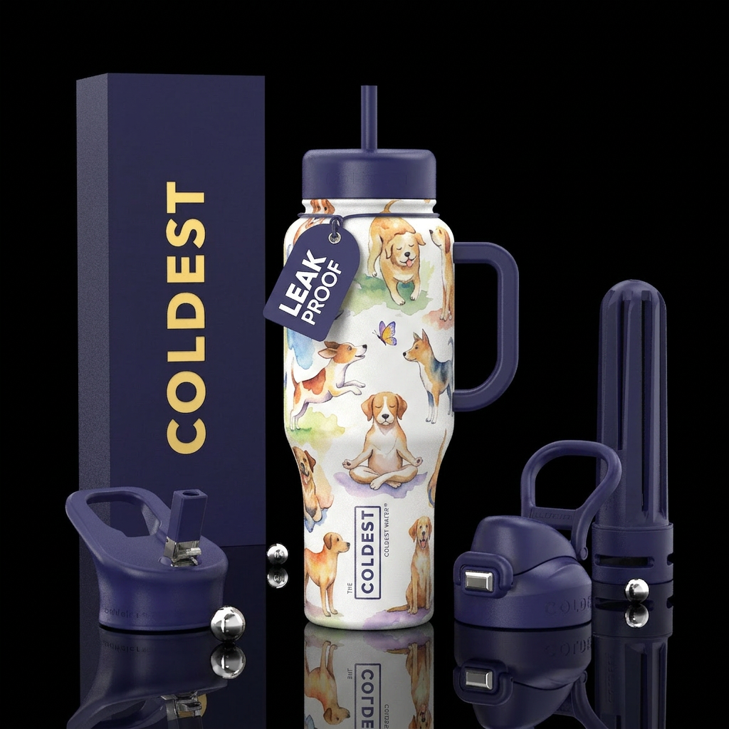 funny, peaceful, dog, watercolor water bottle design