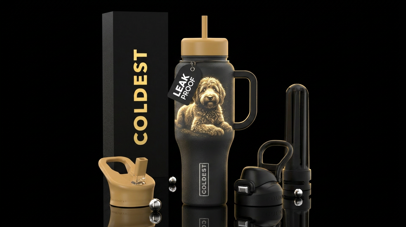 glow in the dark golden doodle water bottle design