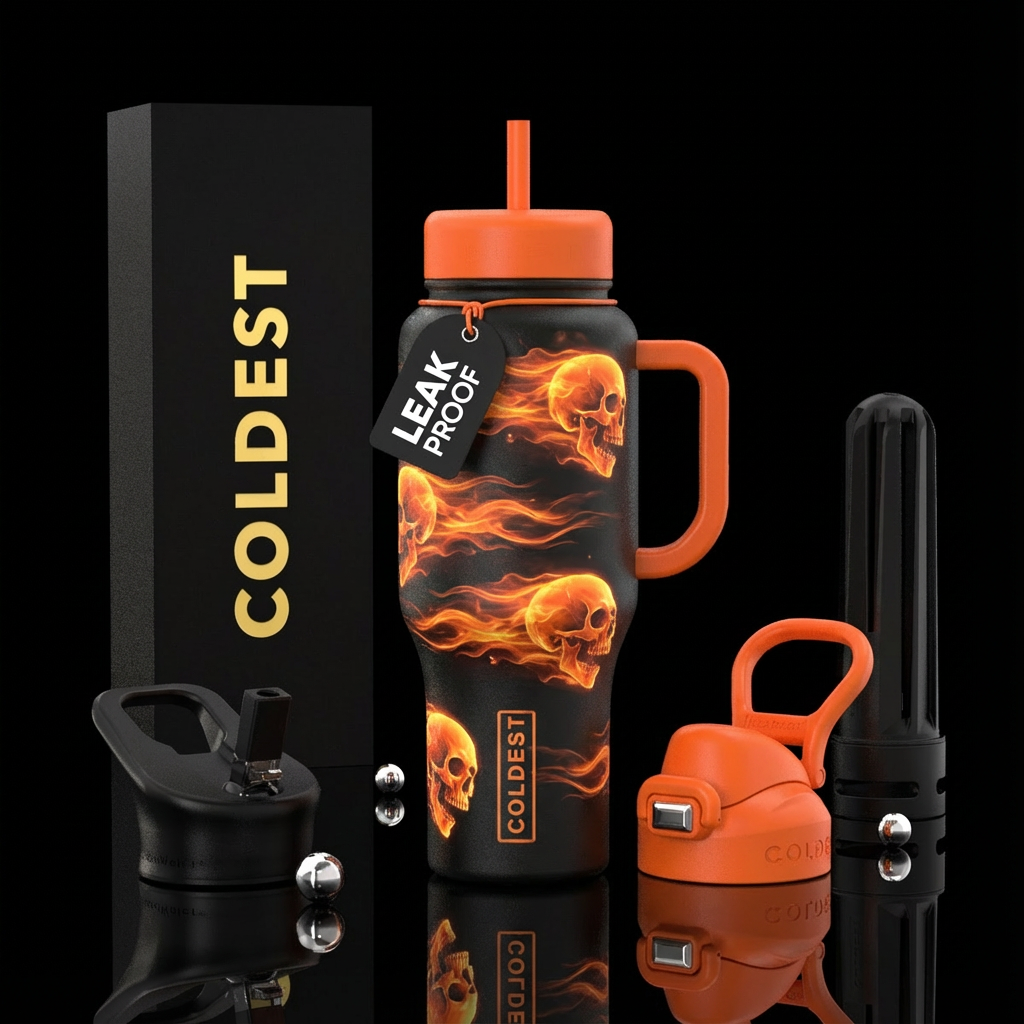 Glowie skulls moving by with orange glowing flames... water bottle design