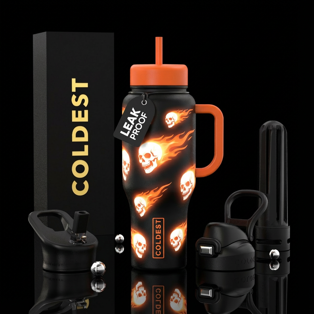 Glowie white skulls moving by with orange glowing ... water bottle design
