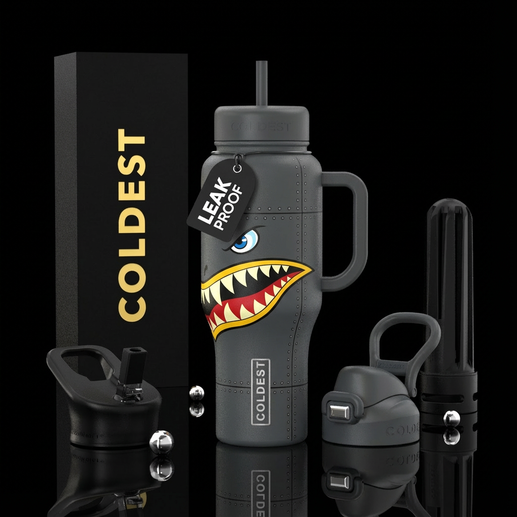 dark grey bottle with lines of rivets and sharks t... water bottle design
