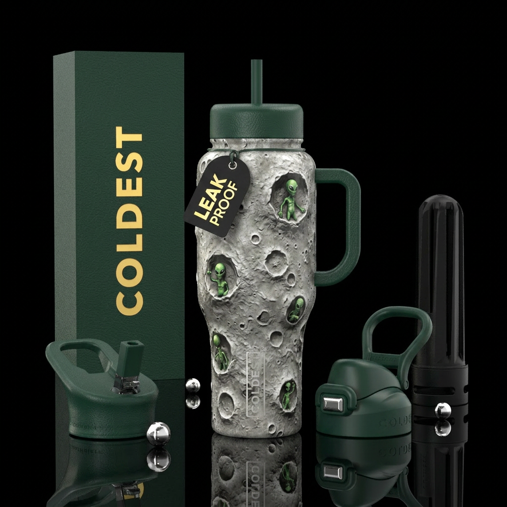 the surface of the moon with little green aliens water bottle design
